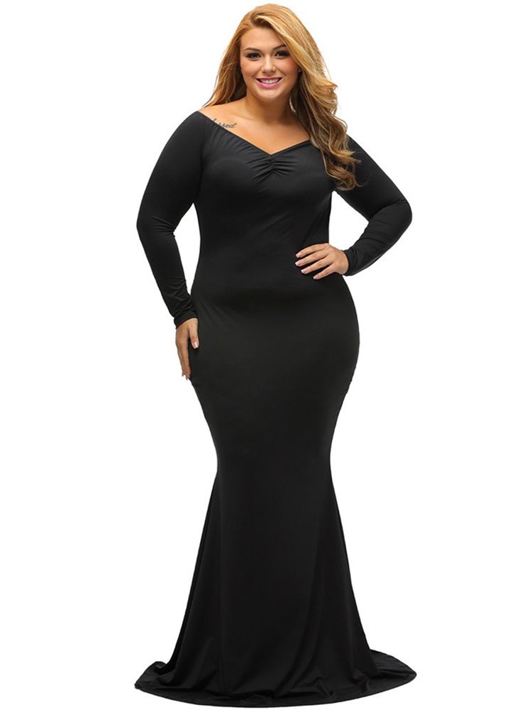 Plus Size V-Ringad Slim Plisserad Massiv Krage Maxiklänning