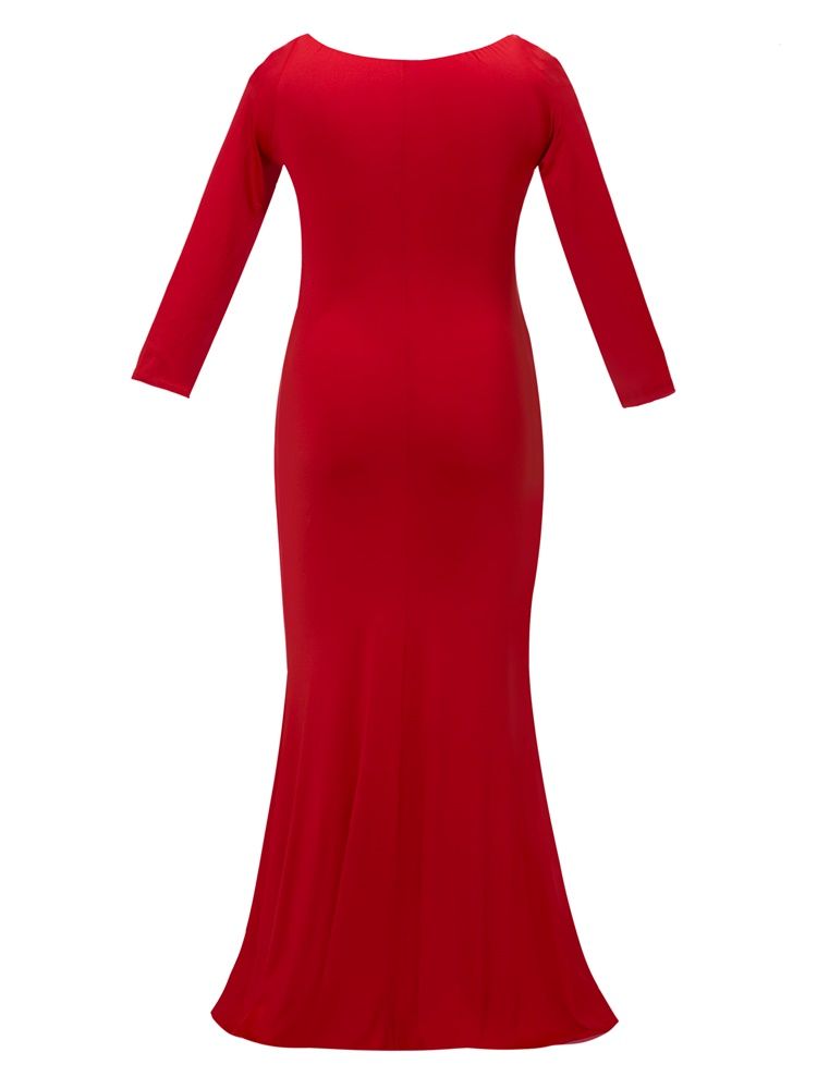 Plus Size V-Ringad Slim Plisserad Massiv Krage Maxiklänning