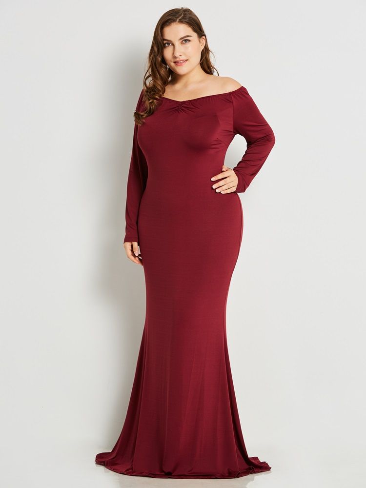Plus Size V-Ringad Slim Plisserad Massiv Krage Maxiklänning