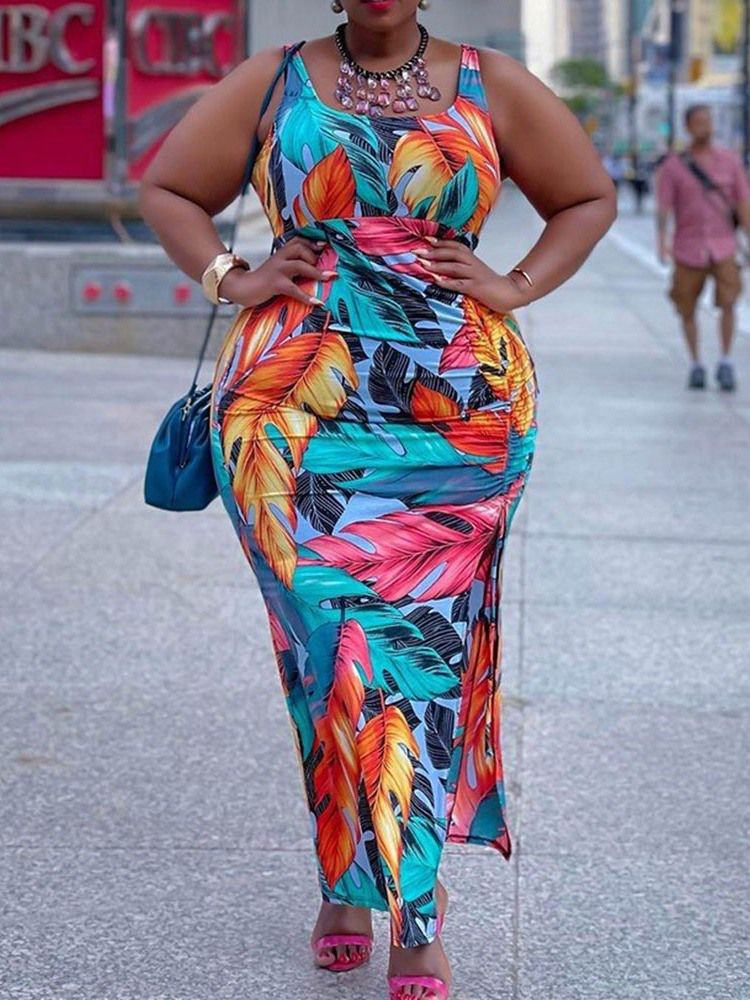 Print Ärmlös Scoop Pullover Bodycon Klänning Plus Size