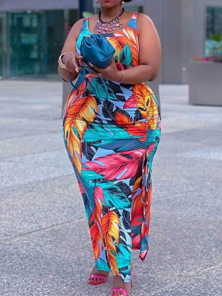 Print Ärmlös Scoop Pullover Bodycon Klänning Plus Size