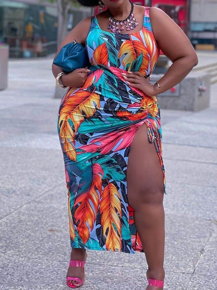 Print Ärmlös Scoop Pullover Bodycon Klänning Plus Size