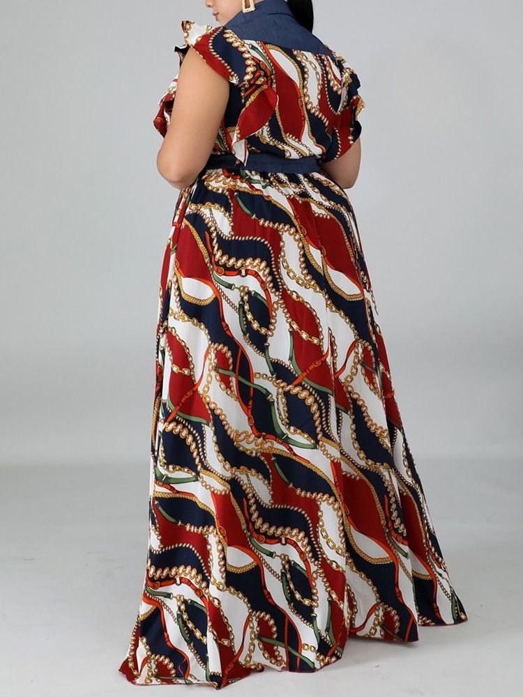 Print Lapel Golvlång A-Line Plus Size Klänning