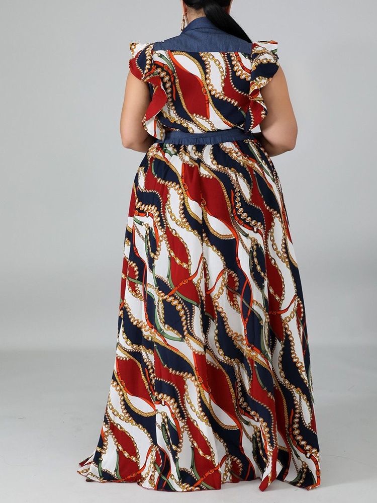 Print Lapel Golvlång A-Line Plus Size Klänning