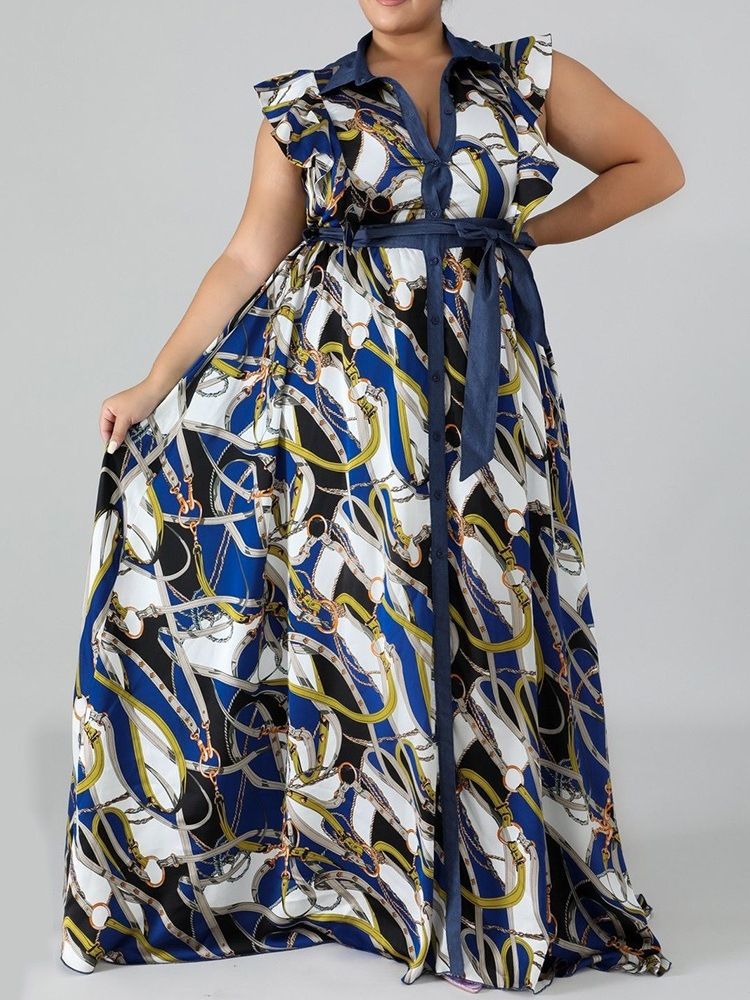 Print Lapel Golvlång A-Line Plus Size Klänning