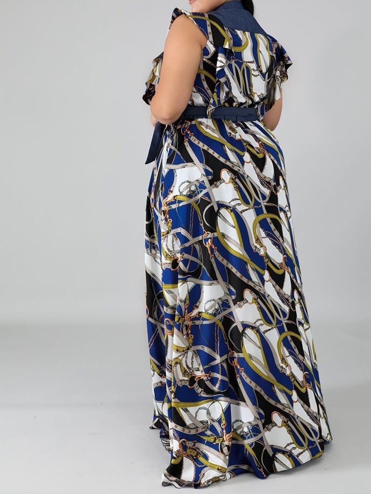 Print Lapel Golvlång A-Line Plus Size Klänning