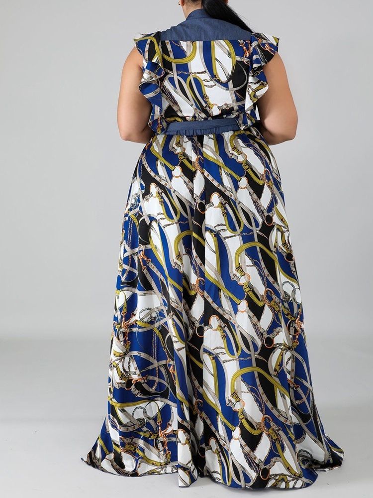 Print Lapel Golvlång A-Line Plus Size Klänning
