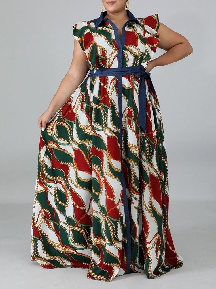 Print Lapel Golvlång A-Line Plus Size Klänning