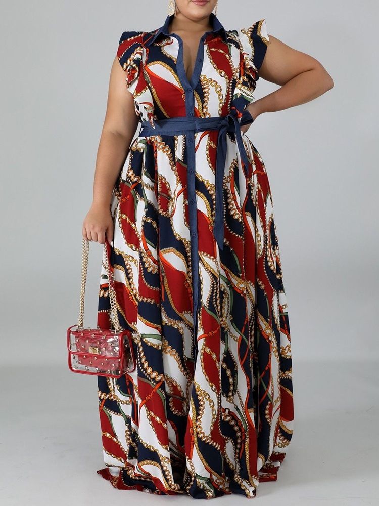 Print Lapel Golvlång A-Line Plus Size Klänning