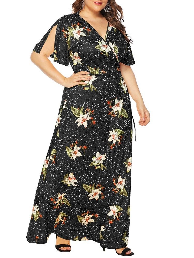 Print V-Ringad Kortärmad Casual Pullover Maxiklänning Plus Size