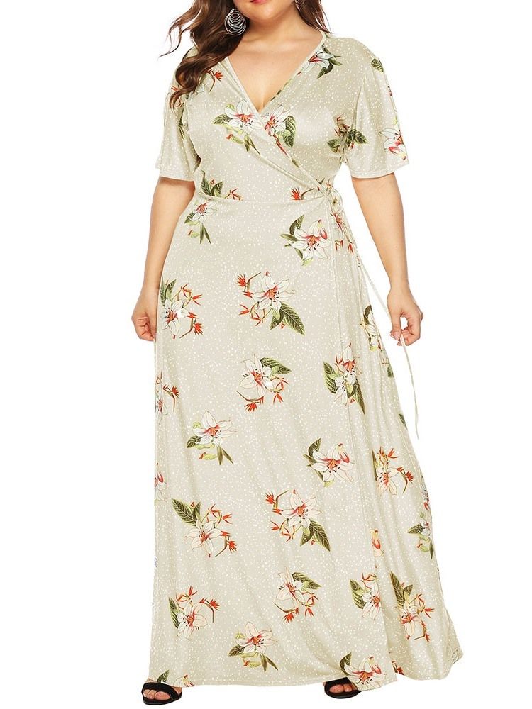 Print V-Ringad Kortärmad Casual Pullover Maxiklänning Plus Size