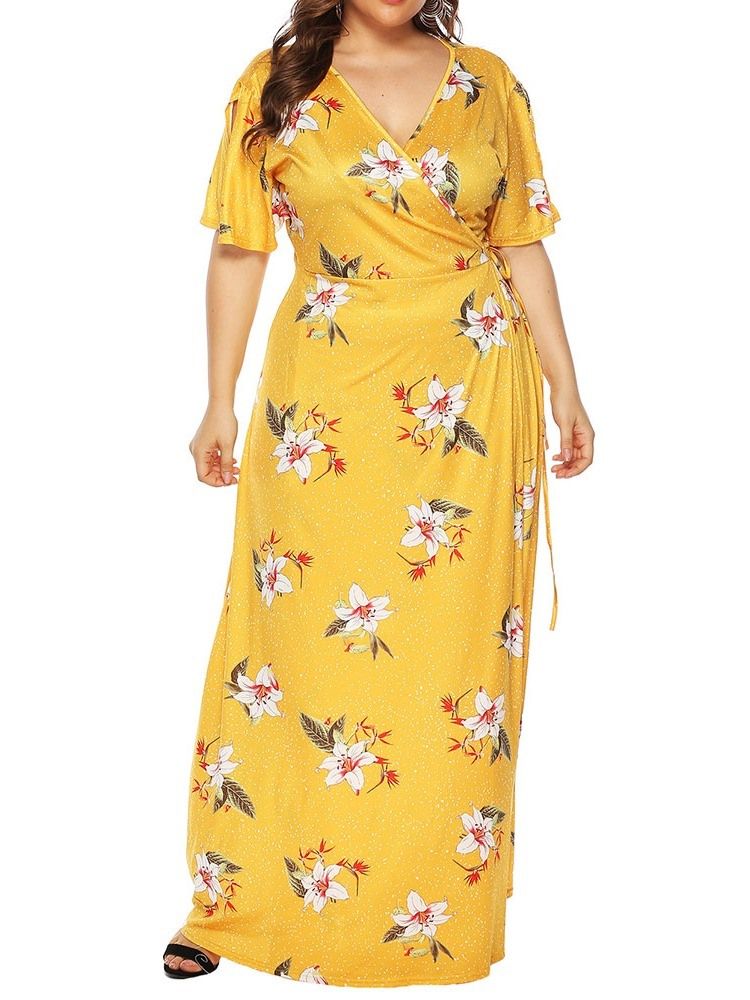 Print V-Ringad Kortärmad Casual Pullover Maxiklänning Plus Size