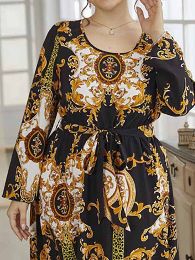 Rundhalsad Ankellångt Tryck Spring Western Plus Size Klänning