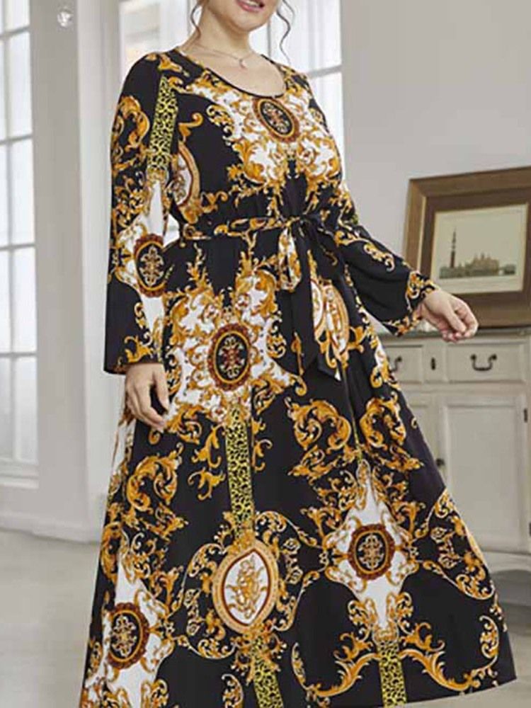 Rundhalsad Ankellångt Tryck Spring Western Plus Size Klänning