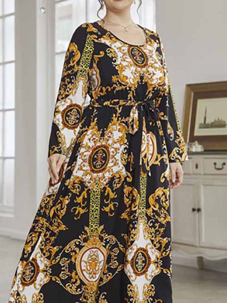 Rundhalsad Ankellångt Tryck Spring Western Plus Size Klänning