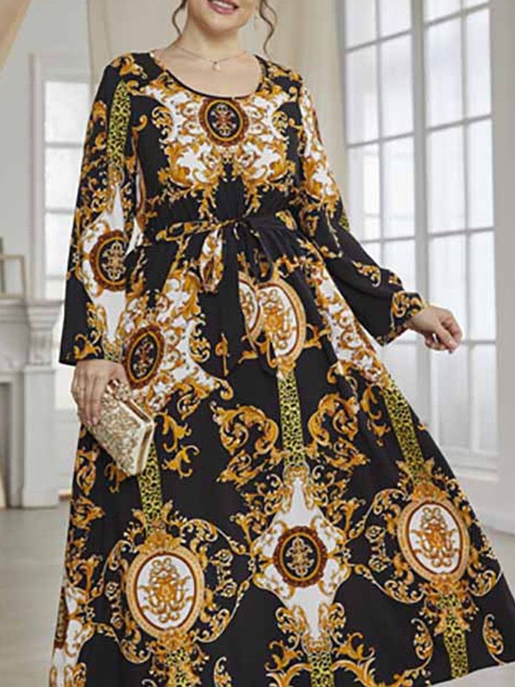 Rundhalsad Ankellångt Tryck Spring Western Plus Size Klänning