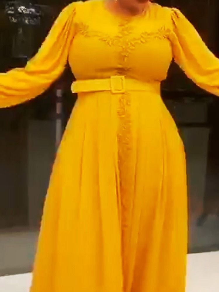 Rundhalsad Långärmad Golvlång Söt A-Linjeklänning Plus Size