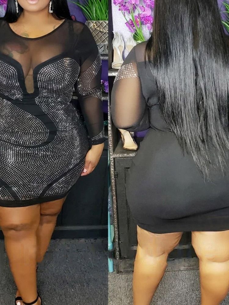 Rundhalsad Långärmad Tröja Ovanför Knä Enkel Bodycon Klänning Plus Size