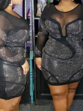 Rundhalsad Långärmad Tröja Ovanför Knä Enkel Bodycon Klänning Plus Size