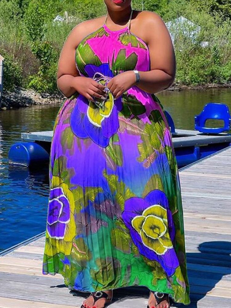 Skriv Ut Ärmlös Golvlång Plant Western Maxiklänning Plus Size