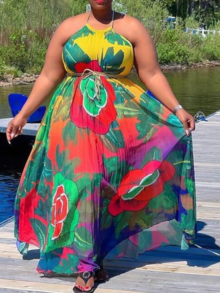 Skriv Ut Ärmlös Golvlång Plant Western Maxiklänning Plus Size