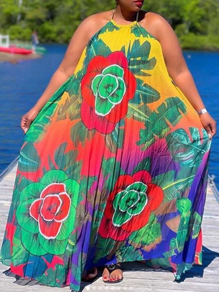 Skriv Ut Ärmlös Golvlång Plant Western Maxiklänning Plus Size