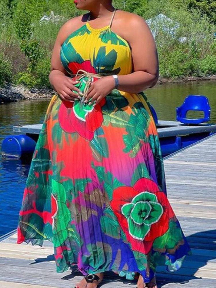 Skriv Ut Ärmlös Golvlång Plant Western Maxiklänning Plus Size