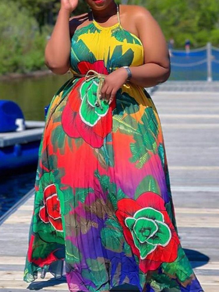 Skriv Ut Ärmlös Golvlång Plant Western Maxiklänning Plus Size
