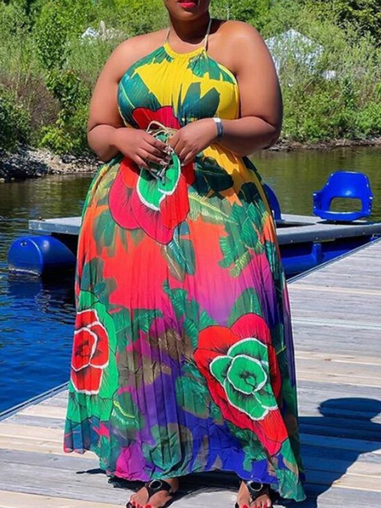 Skriv Ut Ärmlös Golvlång Plant Western Maxiklänning Plus Size