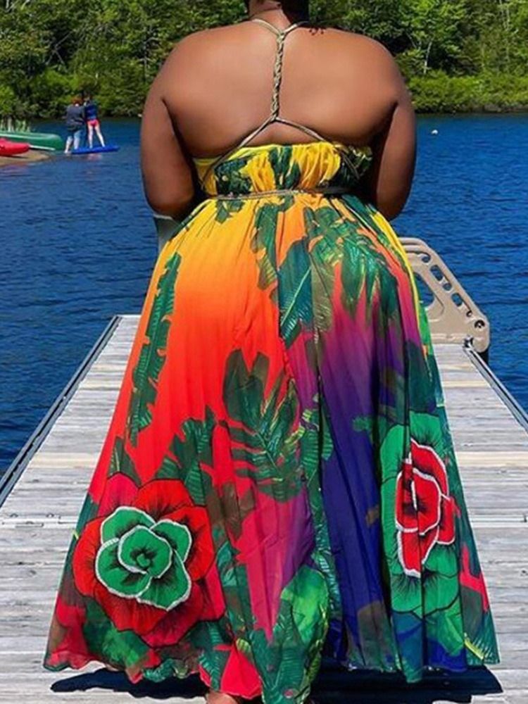 Skriv Ut Ärmlös Golvlång Plant Western Maxiklänning Plus Size