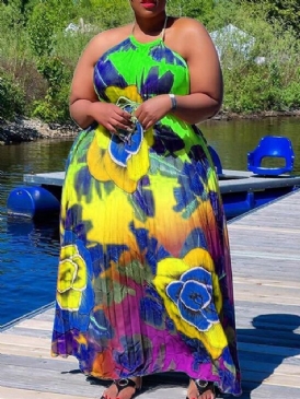 Skriv Ut Ärmlös Golvlång Plant Western Maxiklänning Plus Size
