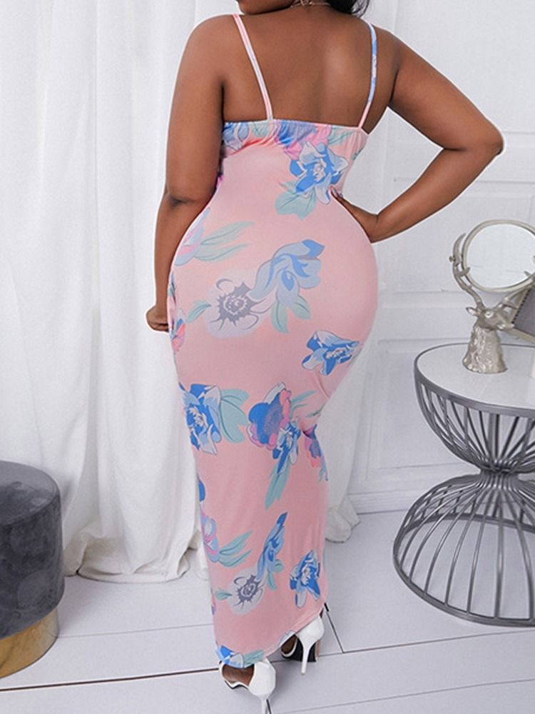 Skriv Ut Ankellång Ärmlös Spaghettirem Office Lady Klänning Plus Size