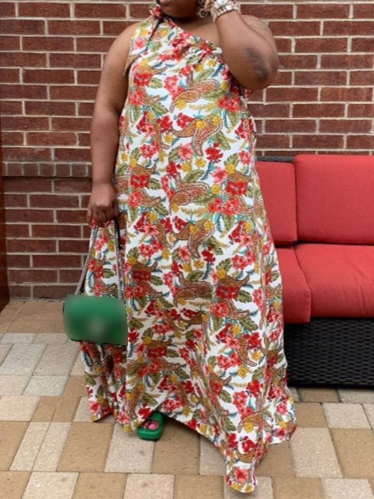 Skriv Ut Golvlång Sned Krage Blommig Maxiklänning Plus Size