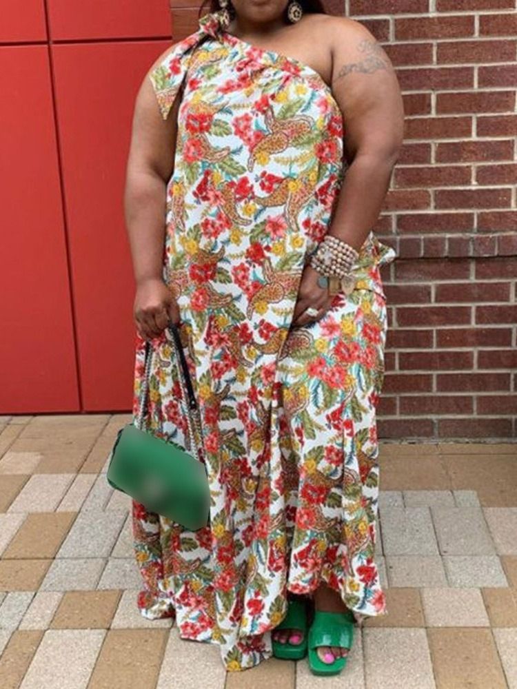 Skriv Ut Golvlång Sned Krage Blommig Maxiklänning Plus Size