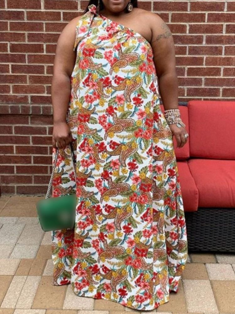 Skriv Ut Golvlång Sned Krage Blommig Maxiklänning Plus Size