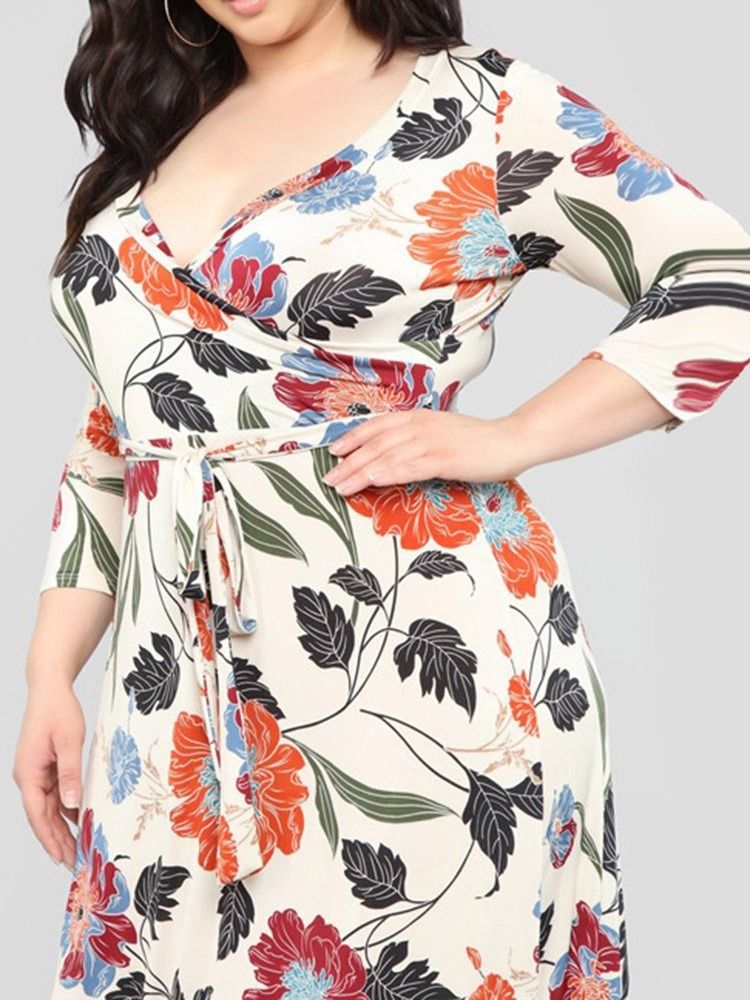 Skriv Ut V-Ringad Golvlång Blommig Maxiklänning Plus Size