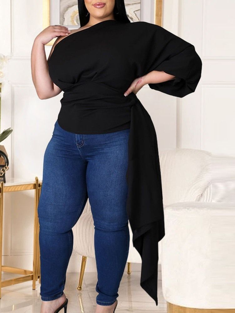Snedkrage Långärmad Vanlig Lös Mode Plus Size T-Shirt För Kvinnor