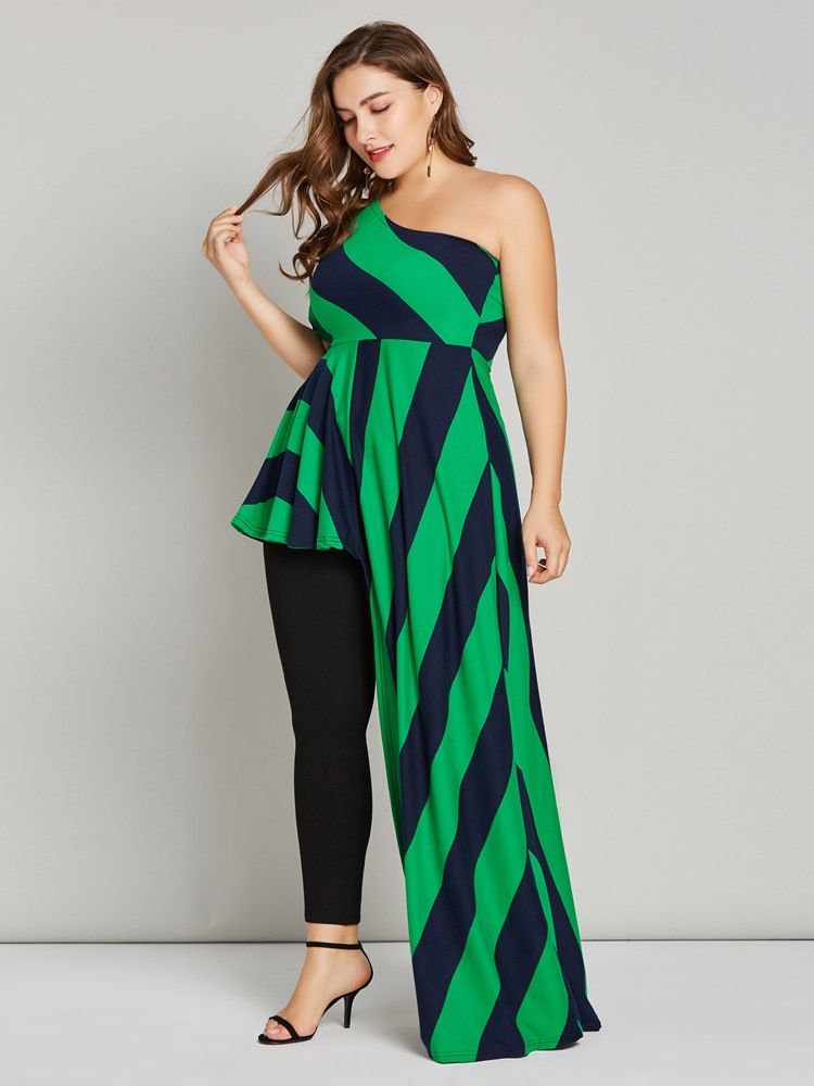 Stripe Oblique Collar Lantern Sleeve Long Blus