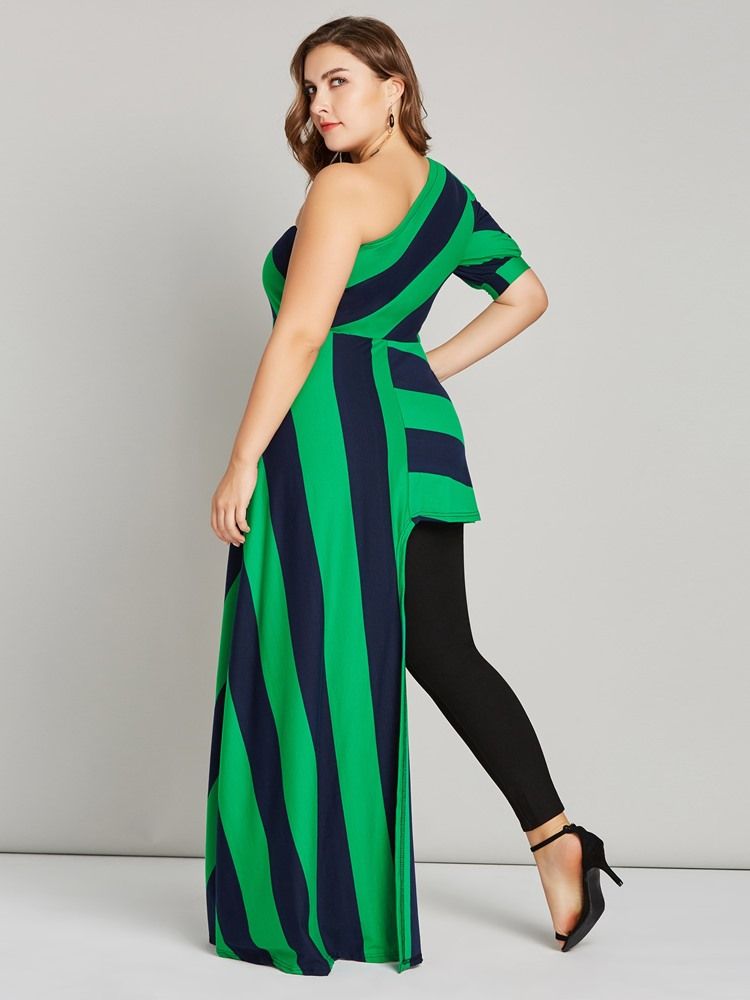 Stripe Oblique Collar Lantern Sleeve Long Blus