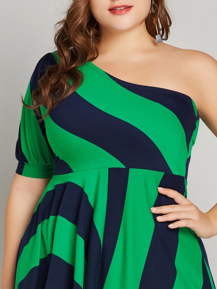 Stripe Oblique Collar Lantern Sleeve Long Blus
