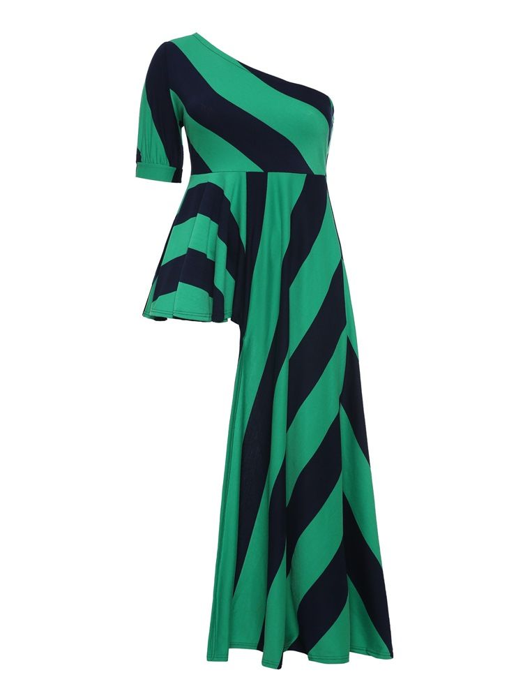 Stripe Oblique Collar Lantern Sleeve Long Blus