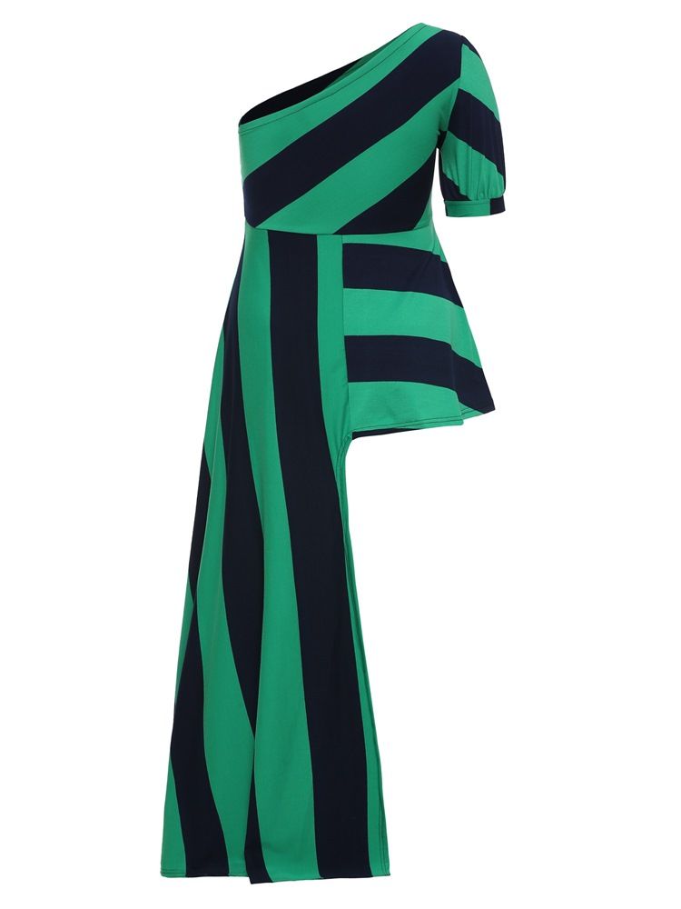 Stripe Oblique Collar Lantern Sleeve Long Blus