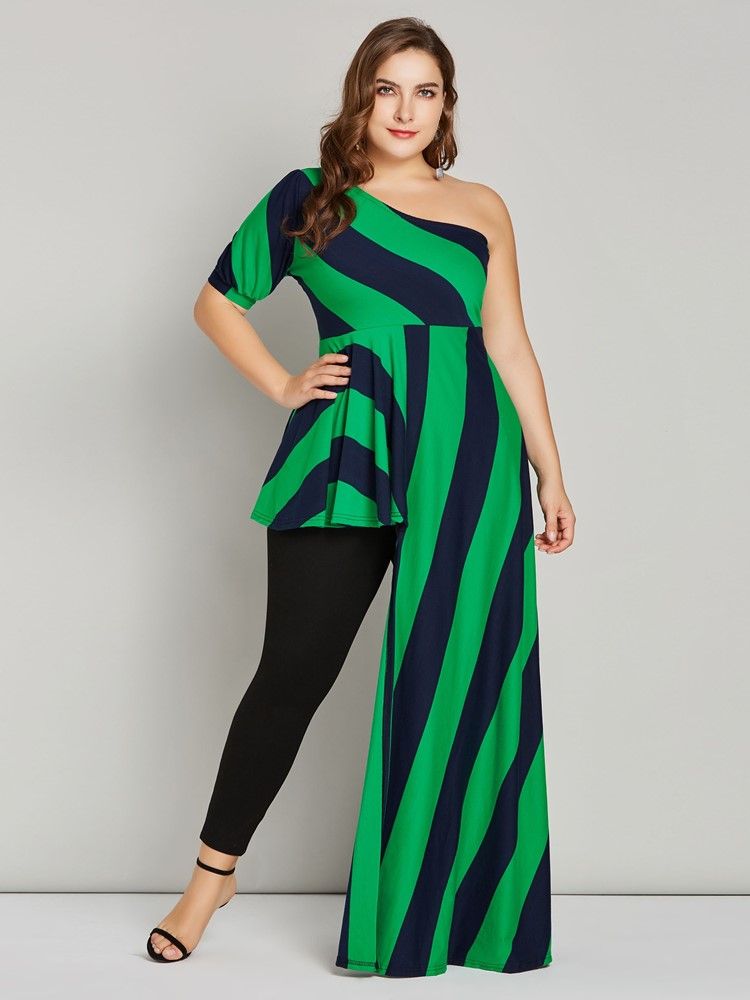 Stripe Oblique Collar Lantern Sleeve Long Blus