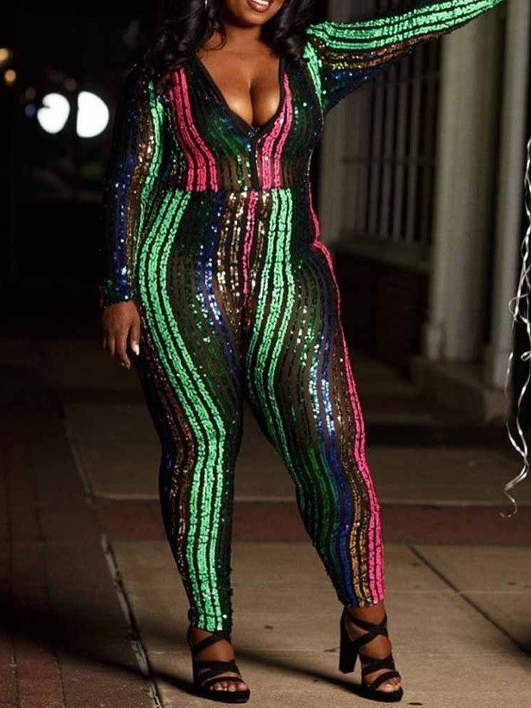 Stripe Paljetter Plus Size High Waist Jumpsuit