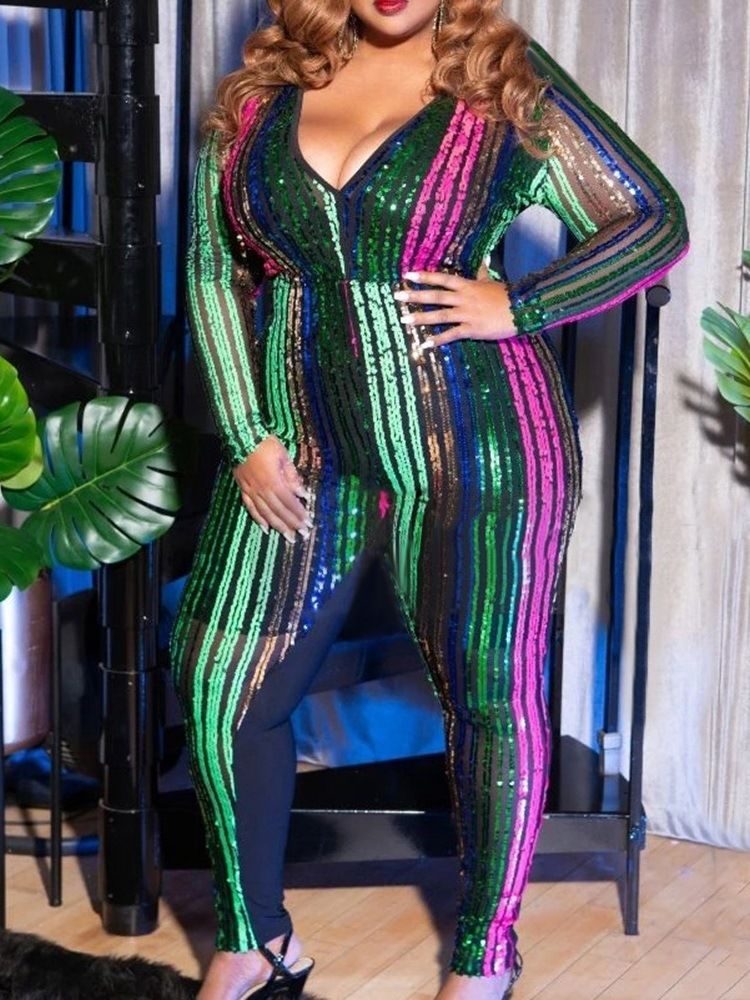 Stripe Paljetter Plus Size High Waist Jumpsuit