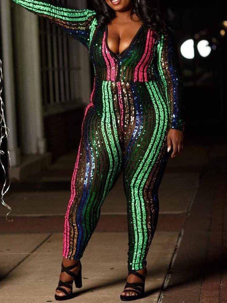 Stripe Paljetter Plus Size High Waist Jumpsuit