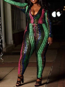 Stripe Paljetter Plus Size High Waist Jumpsuit
