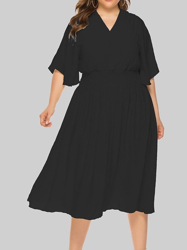 Tre Fjärdedels Ärm V-Ringad Mid-Calf Pullover A-Line Plus Size Klänning