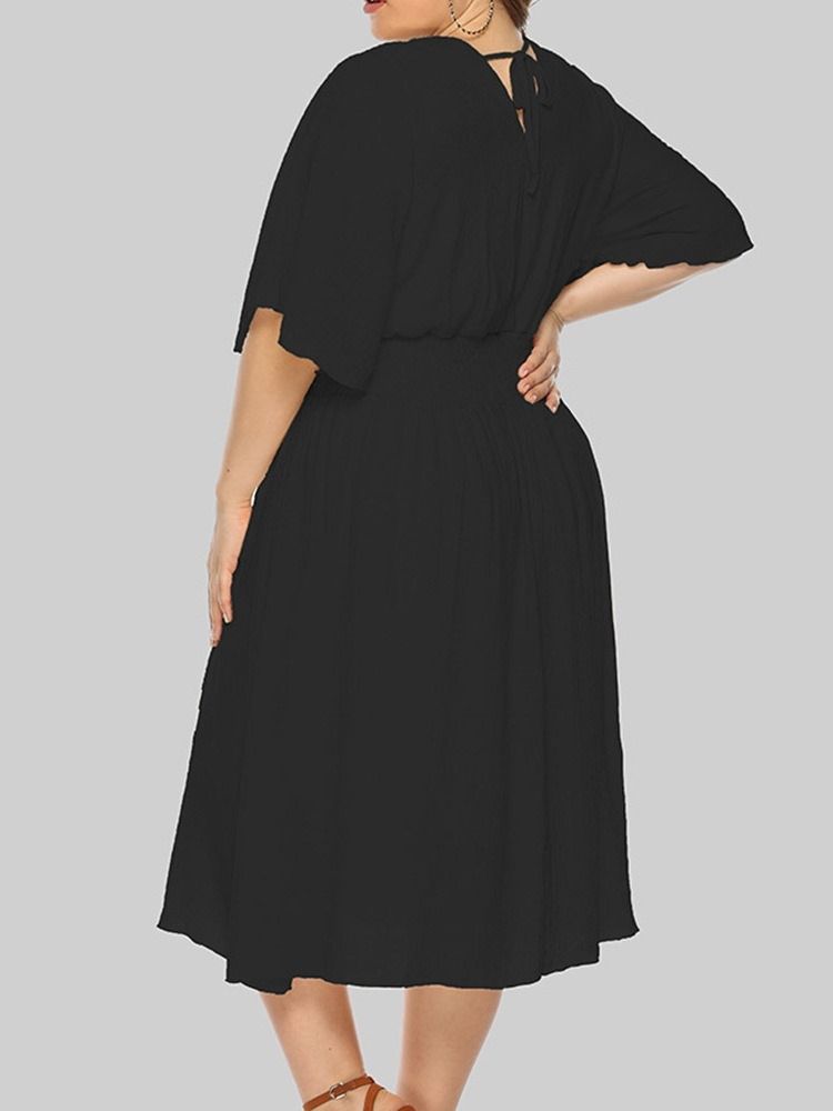 Tre Fjärdedels Ärm V-Ringad Mid-Calf Pullover A-Line Plus Size Klänning