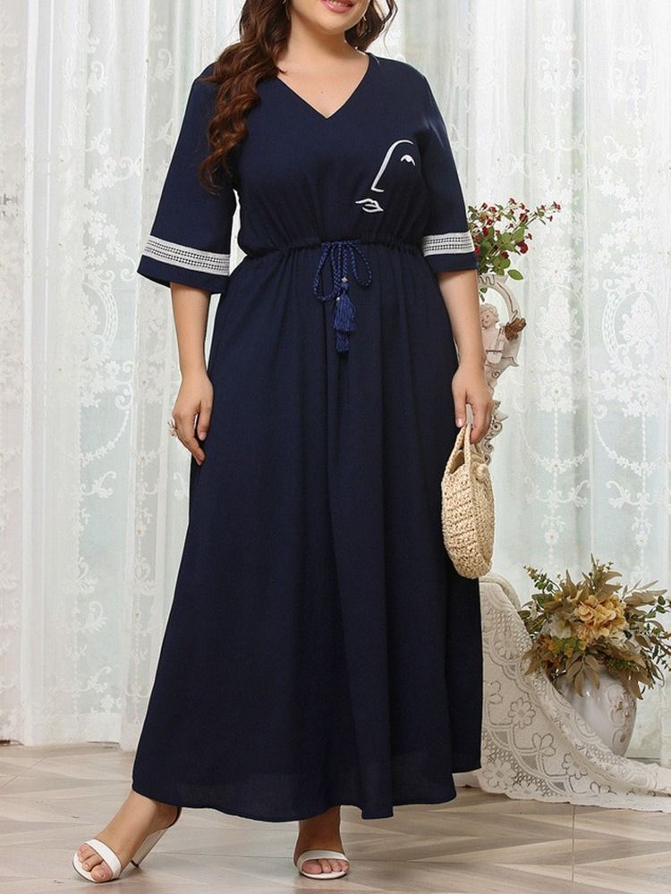 Trekvartsärm Med Snörning Ankellång A-Linje Fashion Plus Size-Klänning